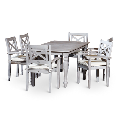 DTY Home Outdoor Furniture Stylish 7-Piece Outdoor Dining Set - Solid Wood, Silver Grey Finish - Rectangular Table with 6 X-Back Armchairs