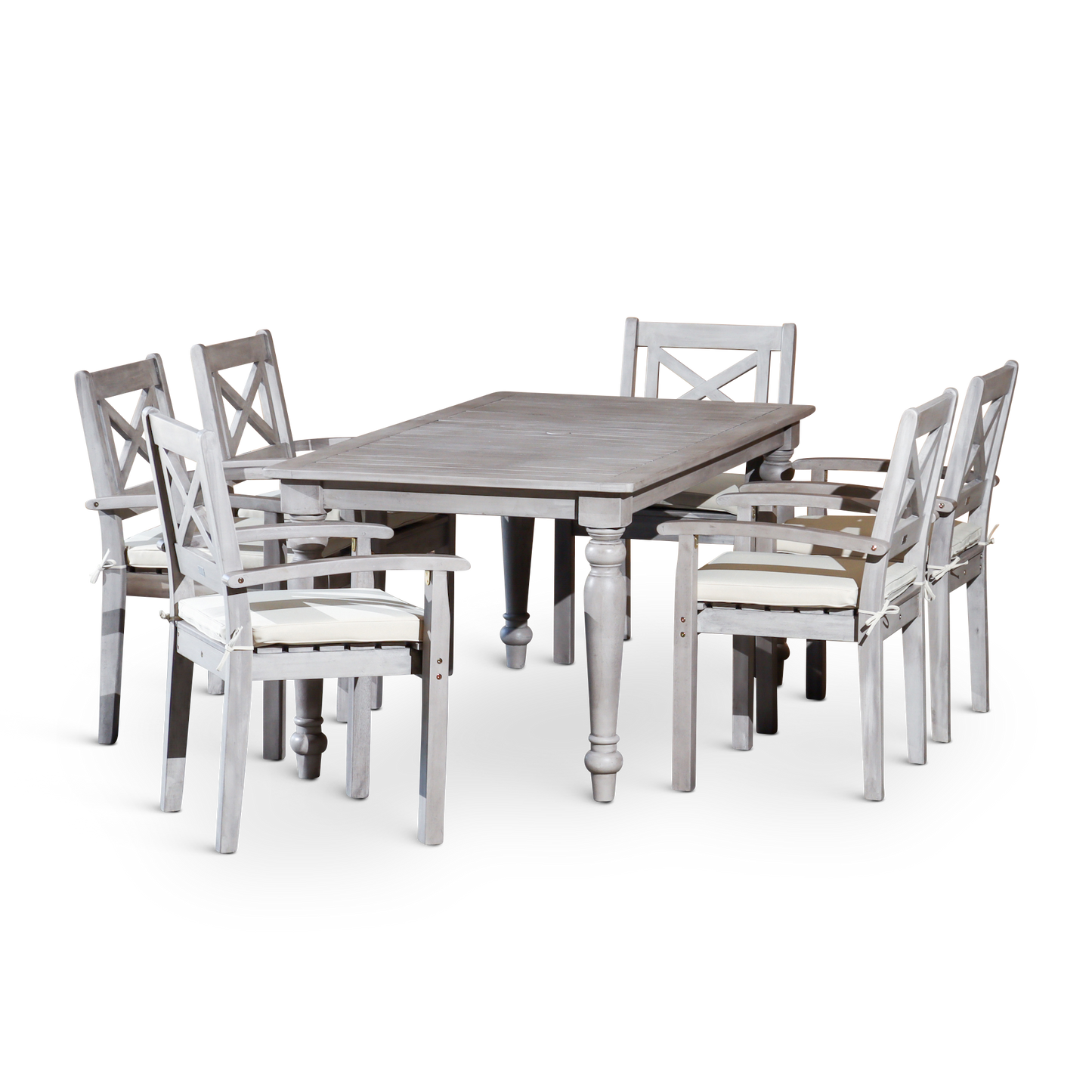 DTY Home Outdoor Furniture Stylish 7-Piece Outdoor Dining Set - Solid Wood, Silver Grey Finish - Rectangular Table with 6 X-Back Armchairs