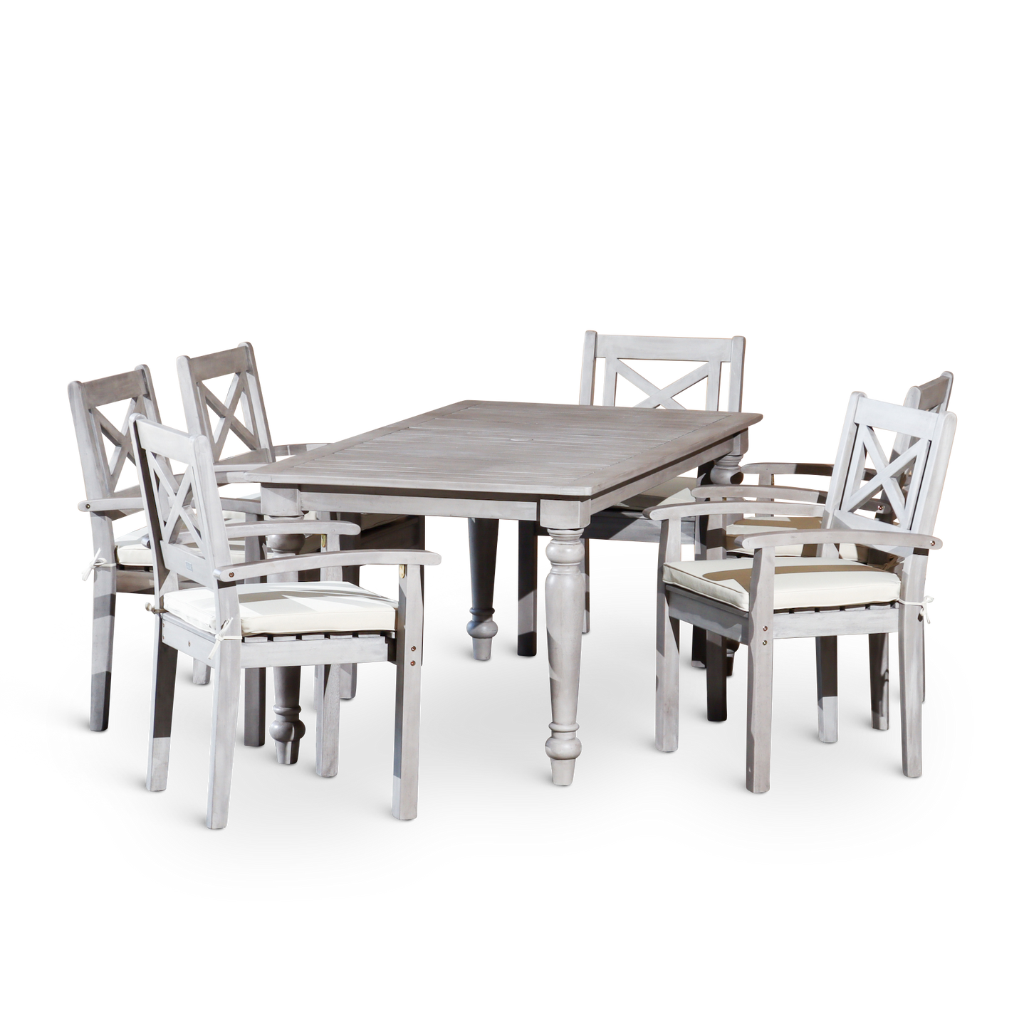 DTY Home Outdoor Furniture Stylish 7-Piece Outdoor Dining Set - Solid Wood, Silver Grey Finish - Rectangular Table with 6 X-Back Armchairs