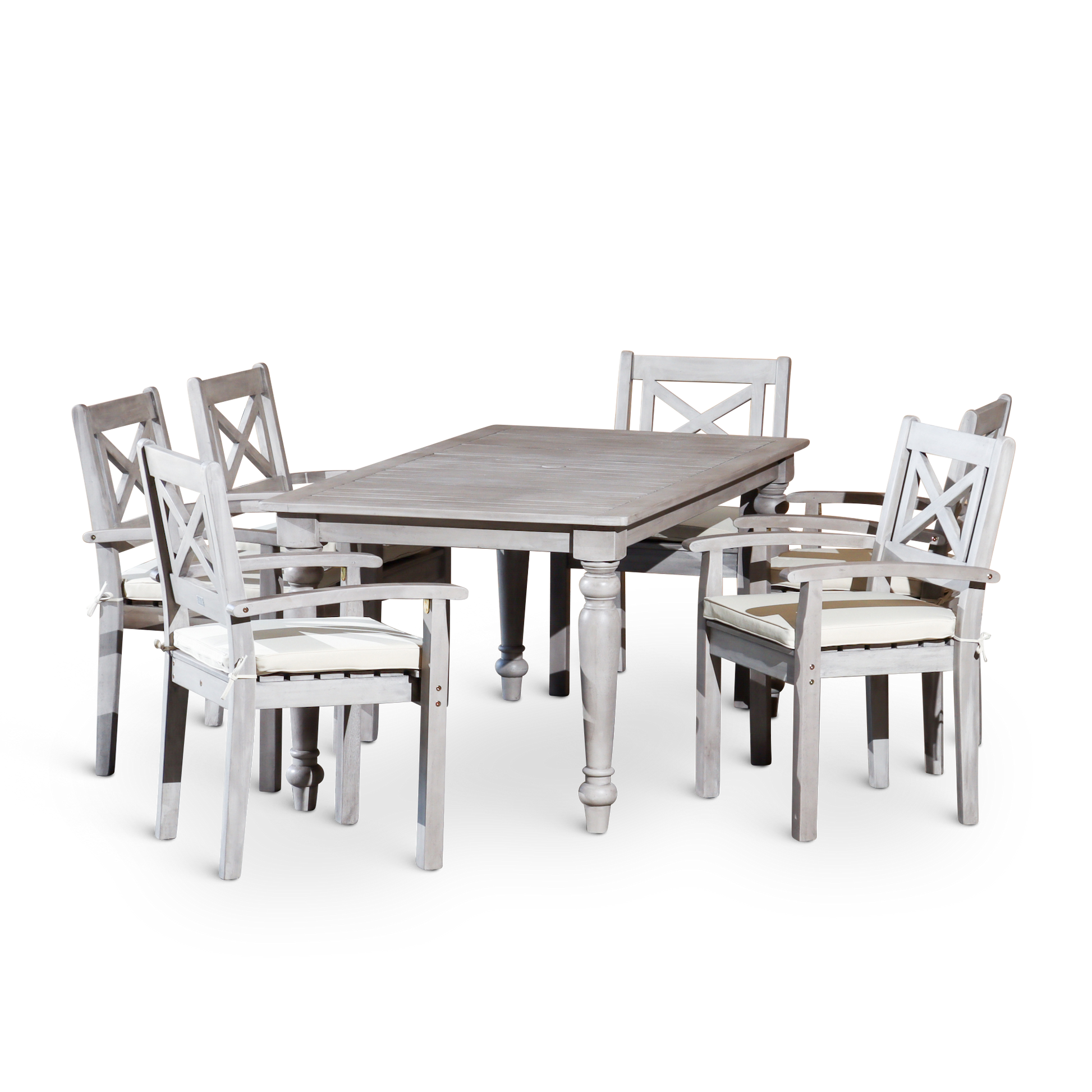 DTY Home Outdoor Furniture Stylish 7-Piece Outdoor Dining Set - Solid Wood, Silver Grey Finish - Rectangular Table with 6 X-Back Armchairs