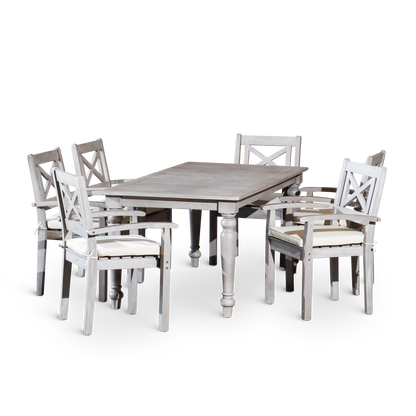 DTY Home Outdoor Furniture Stylish 7-Piece Outdoor Dining Set - Solid Wood, Silver Grey Finish - Rectangular Table with 6 X-Back Armchairs