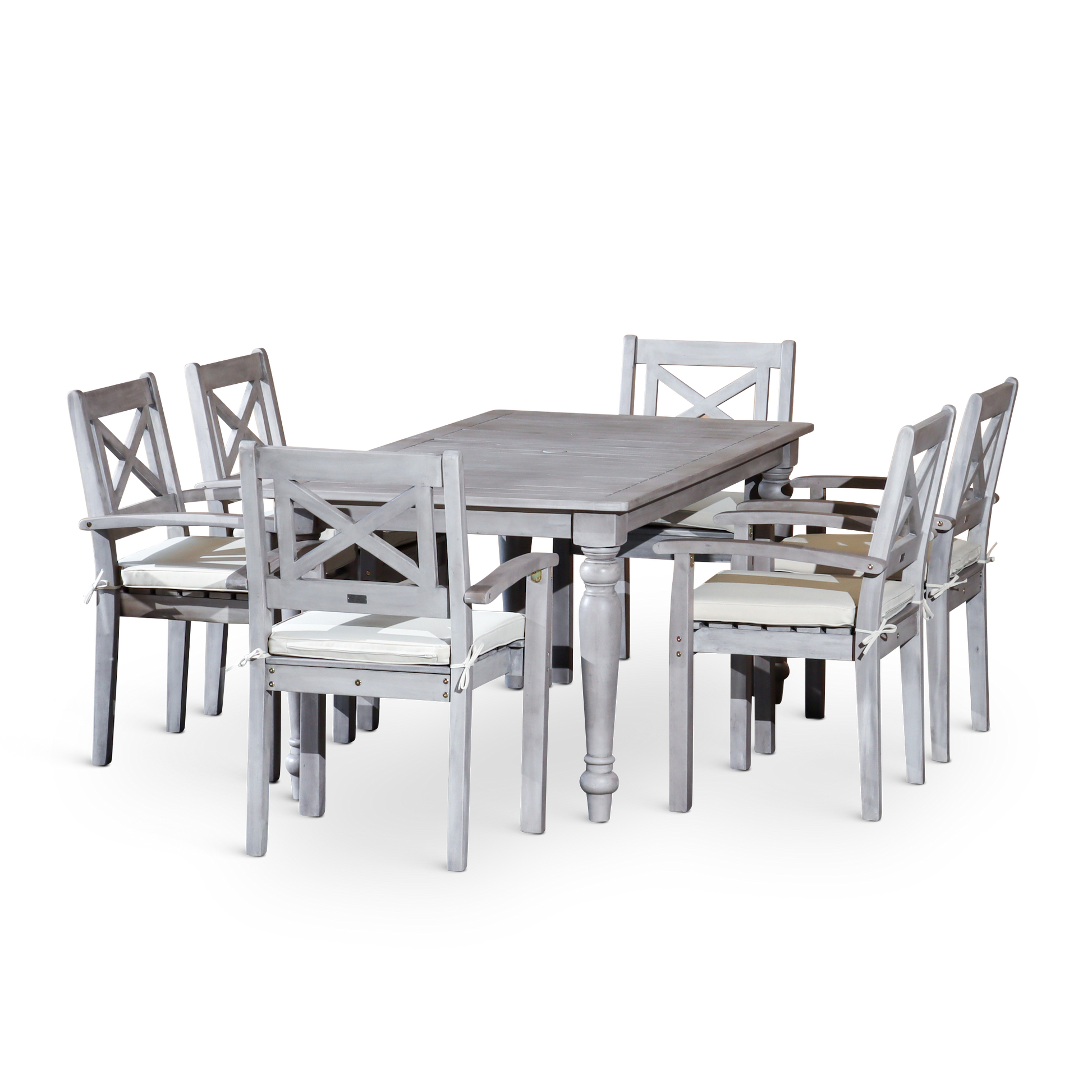 DTY Home Outdoor Furniture Stylish 7-Piece Outdoor Dining Set - Solid Wood, Silver Grey Finish - Rectangular Table with 6 X-Back Armchairs