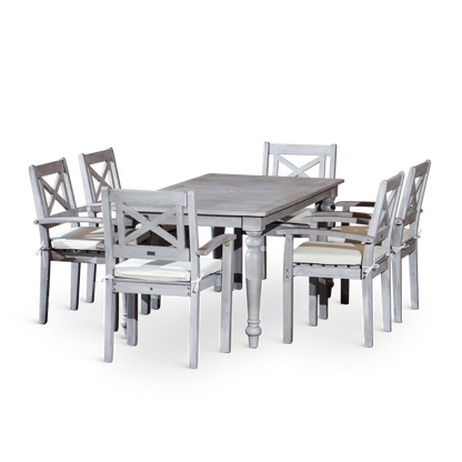 DTY Home Outdoor Furniture Stylish 7-Piece Outdoor Dining Set - Solid Wood, Silver Grey Finish - Rectangular Table with 6 X-Back Armchairs