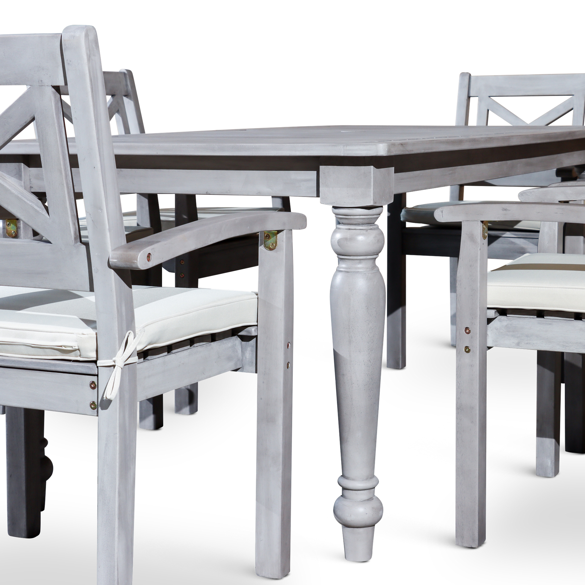 DTY Home Outdoor Furniture Stylish 7-Piece Outdoor Dining Set - Solid Wood, Silver Grey Finish - Rectangular Table with 6 X-Back Armchairs