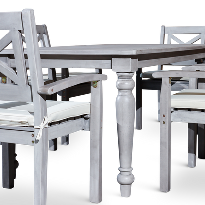 DTY Home Outdoor Furniture Stylish 7-Piece Outdoor Dining Set - Solid Wood, Silver Grey Finish - Rectangular Table with 6 X-Back Armchairs