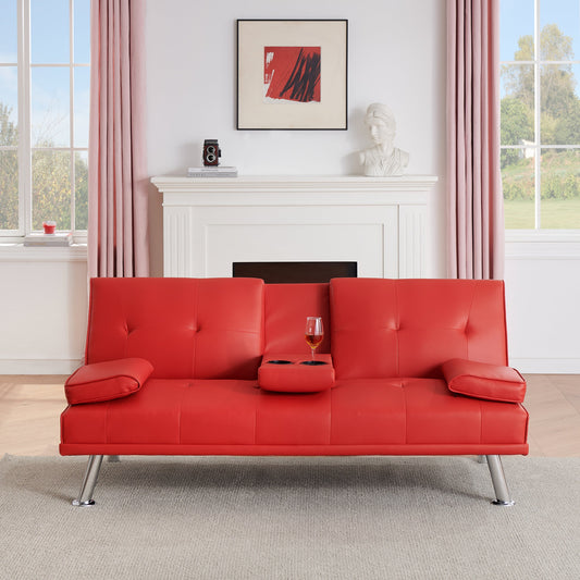 Fan Chen Furniture Sofa 67" Red Leather Multifunctional Double Folding Sofa Bed for Office with Coffee Table