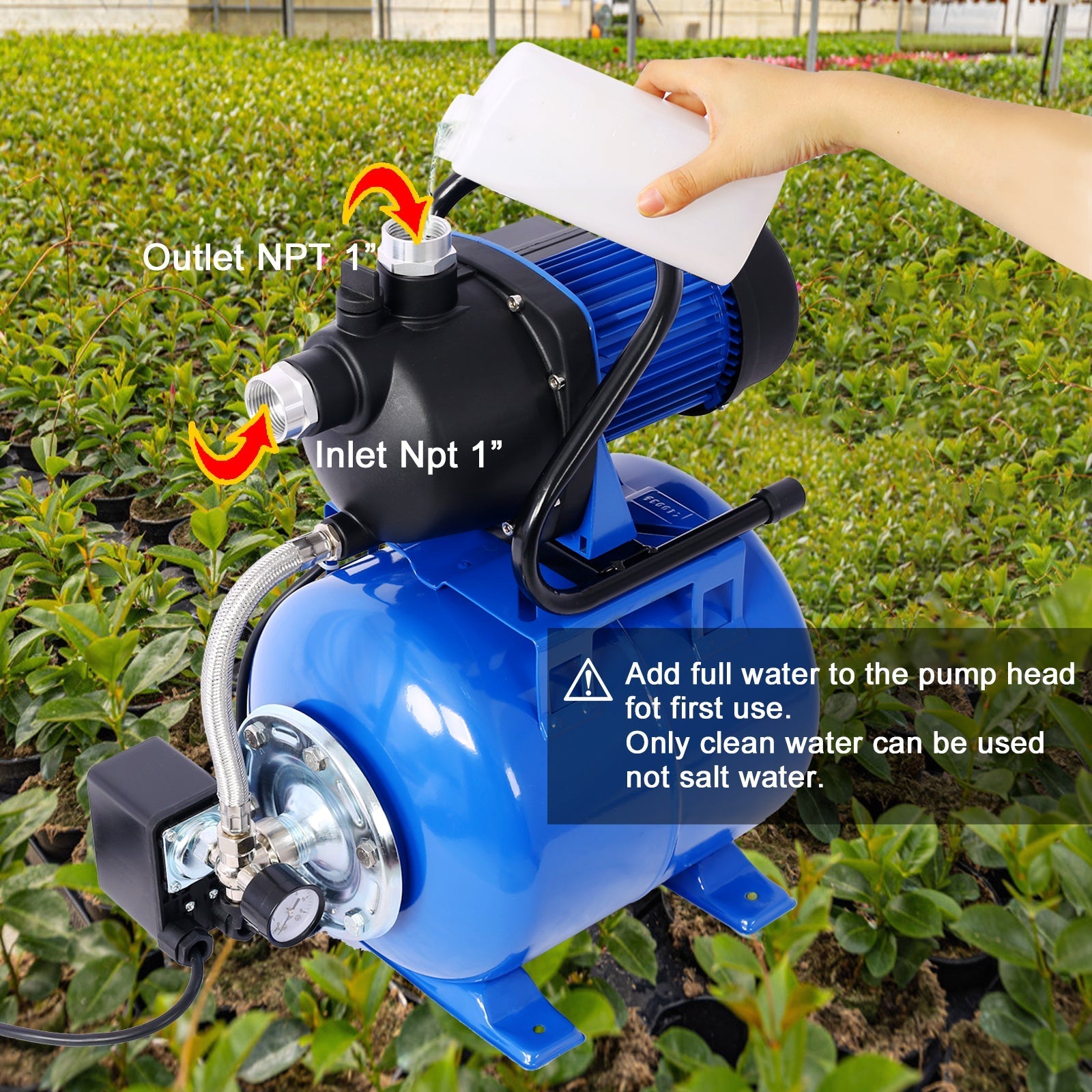 G&H Gardening Tool 1.6HP Shallow Well Pump with Pressure Tank, garden water pump, Irrigation Pump, Automatic Water Booster Pump for Home Garden Lawn Farm