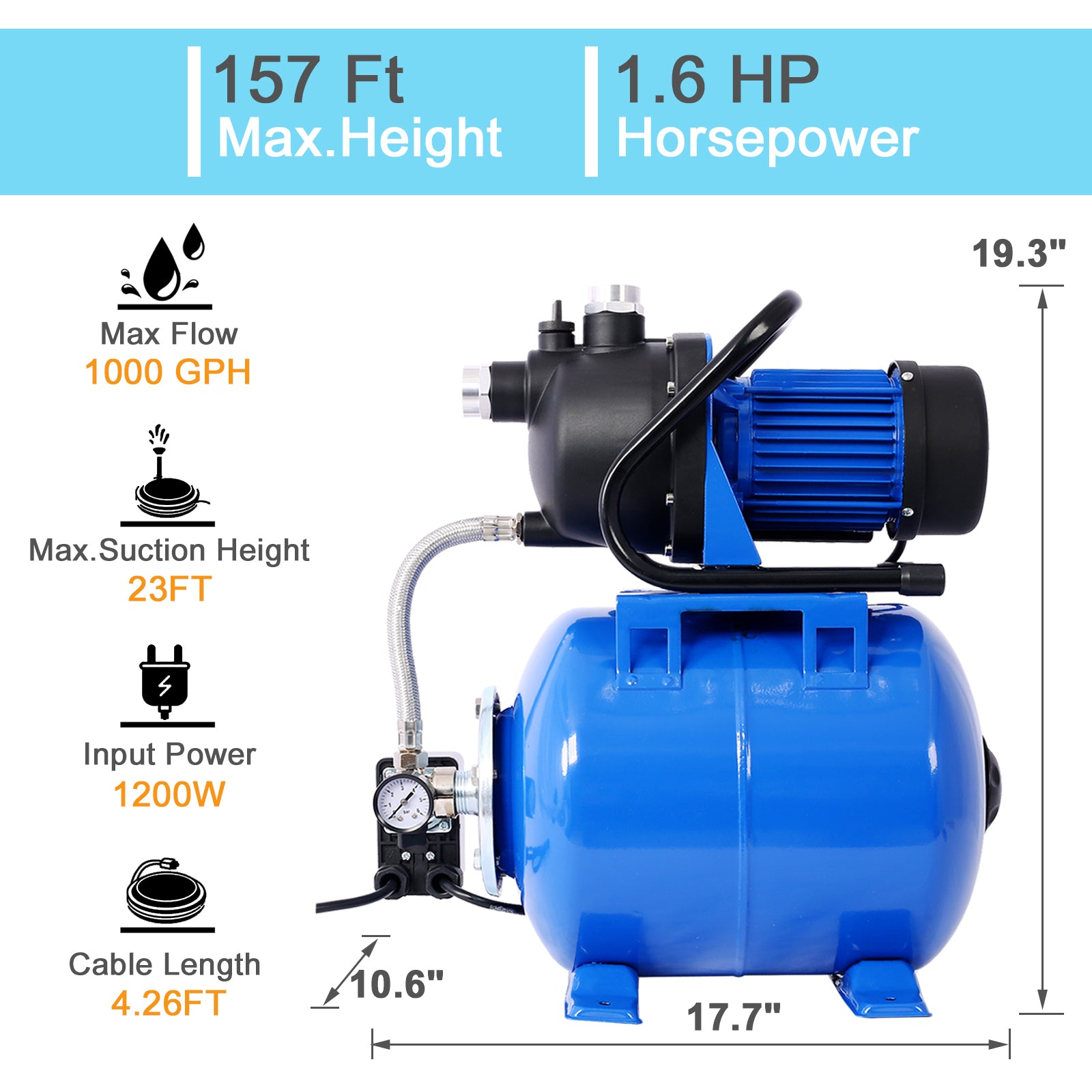 G&H Gardening Tool 1.6HP Shallow Well Pump with Pressure Tank, garden water pump, Irrigation Pump, Automatic Water Booster Pump for Home Garden Lawn Farm