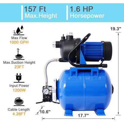 G&H Gardening Tool 1.6HP Shallow Well Pump with Pressure Tank, garden water pump, Irrigation Pump, Automatic Water Booster Pump for Home Garden Lawn Farm