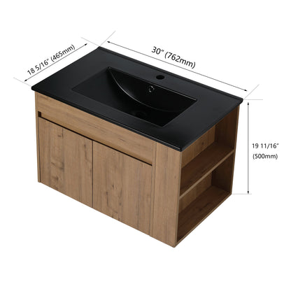 G-lemon Bathroom Sink and Vanity 30 Inch Bathroom Vanity with Black Ceramic Basin and Adjustable Open Shelf