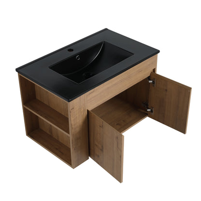 G-lemon Bathroom Sink and Vanity 30 Inch Bathroom Vanity with Black Ceramic Basin and Adjustable Open Shelf