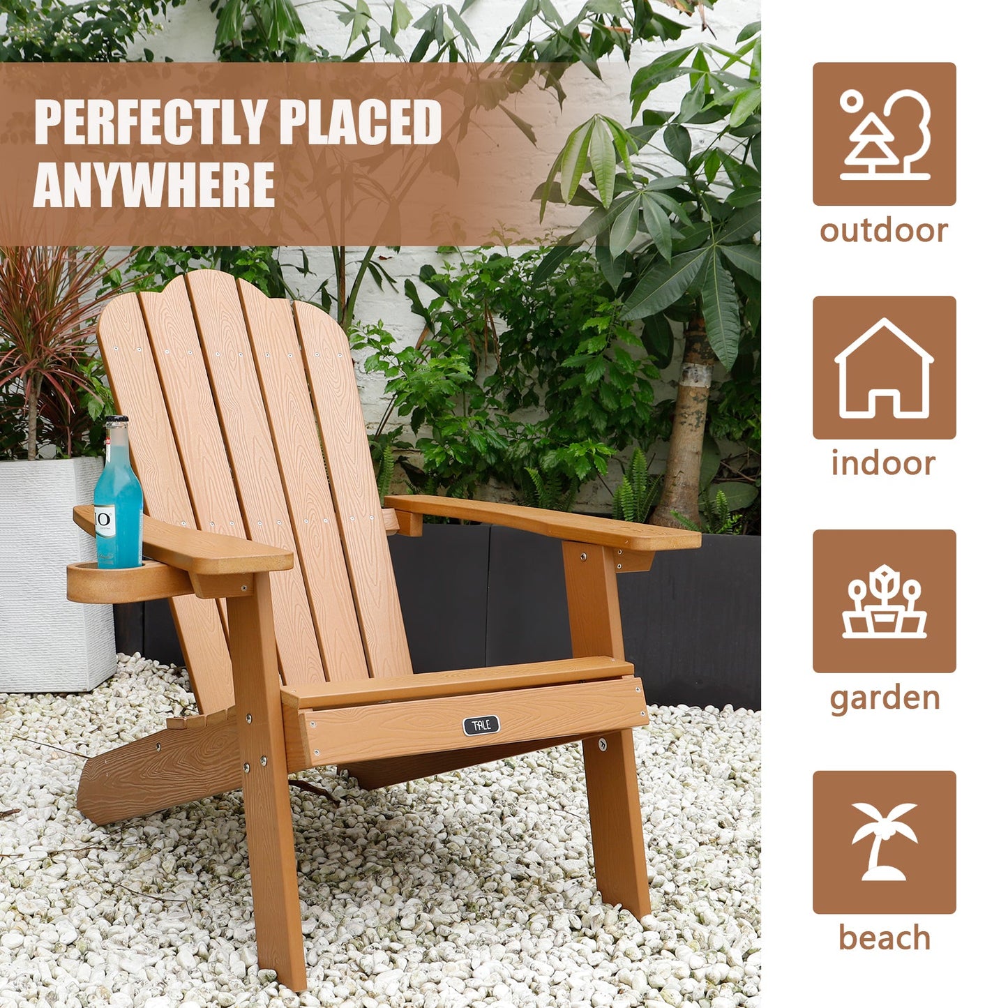 GEEK Outdoor Chairs TALE Adirondack Chair - Durable Outdoor Seating with Cup Holder - Fade-Resistant Plastic Wood - Ideal for Patio, Deck, Garden, and Porch - All-Weather Backyard Furniture, Classic Brown