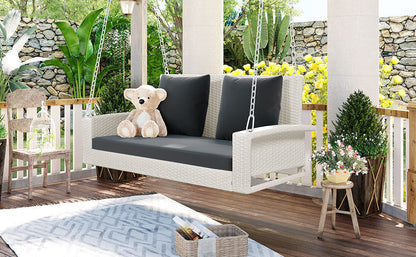 GO Outdoor Furniture GO 2-Person Wicker Hanging Porch Swing with Chains, Cushion, Pillow, Rattan Swing Bench for Garden, Backyard, Pond. (White Wicker, Gray Cushion)