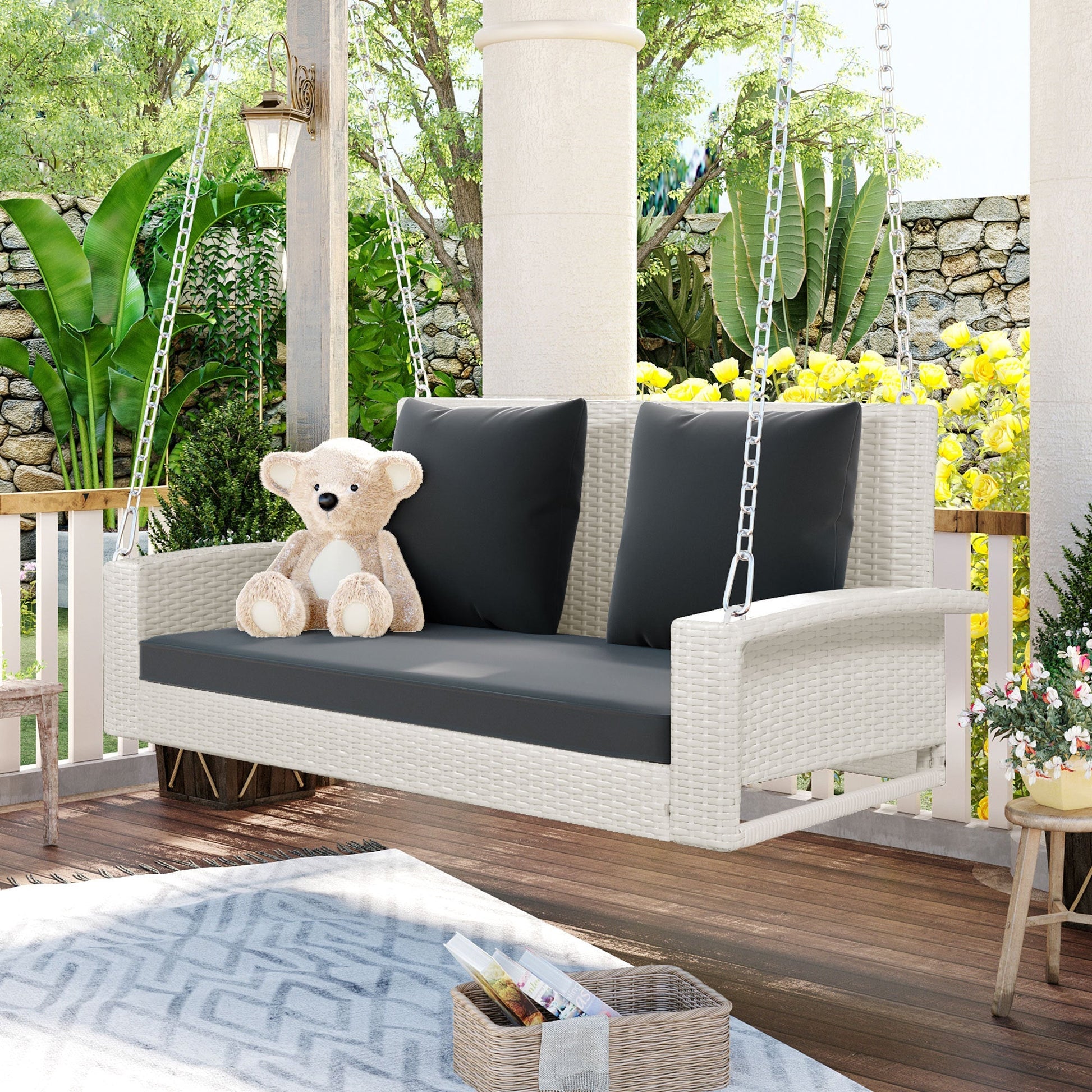 GO Outdoor Furniture GO 2-Person Wicker Hanging Porch Swing with Chains, Cushion, Pillow, Rattan Swing Bench for Garden, Backyard, Pond. (White Wicker, Gray Cushion)