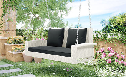 GO Outdoor Furniture GO 2-Person Wicker Hanging Porch Swing with Chains, Cushion, Pillow, Rattan Swing Bench for Garden, Backyard, Pond. (White Wicker, Gray Cushion)