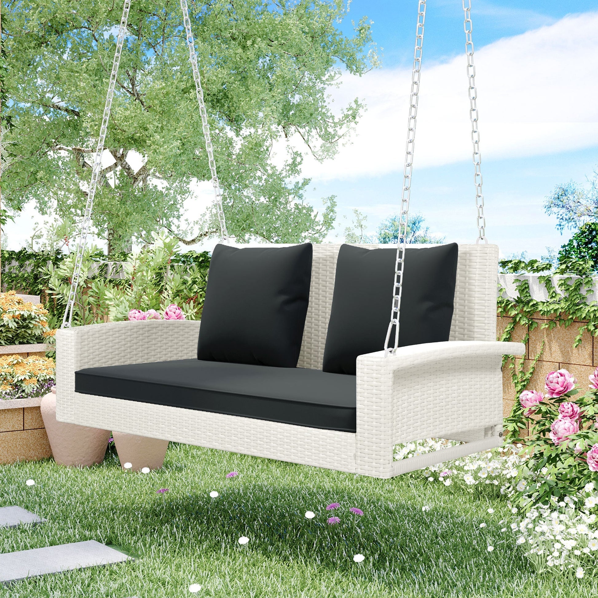 GO Outdoor Furniture GO 2-Person Wicker Hanging Porch Swing with Chains, Cushion, Pillow, Rattan Swing Bench for Garden, Backyard, Pond. (White Wicker, Gray Cushion)