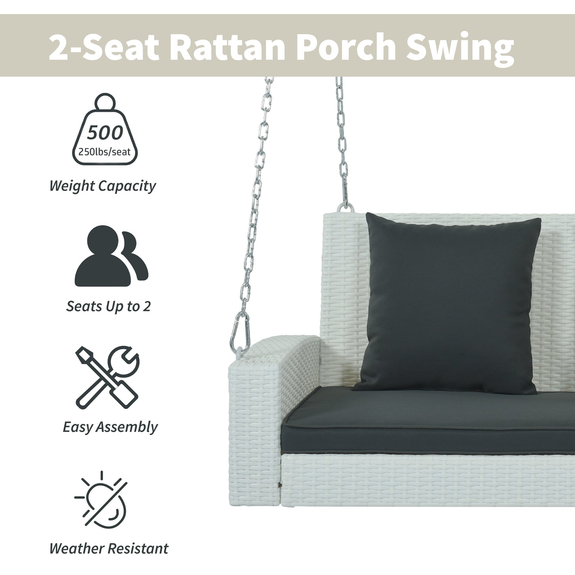 GO Outdoor Furniture GO 2-Person Wicker Hanging Porch Swing with Chains, Cushion, Pillow, Rattan Swing Bench for Garden, Backyard, Pond. (White Wicker, Gray Cushion)