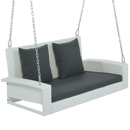 GO Outdoor Furniture GO 2-Person Wicker Hanging Porch Swing with Chains, Cushion, Pillow, Rattan Swing Bench for Garden, Backyard, Pond. (White Wicker, Gray Cushion)