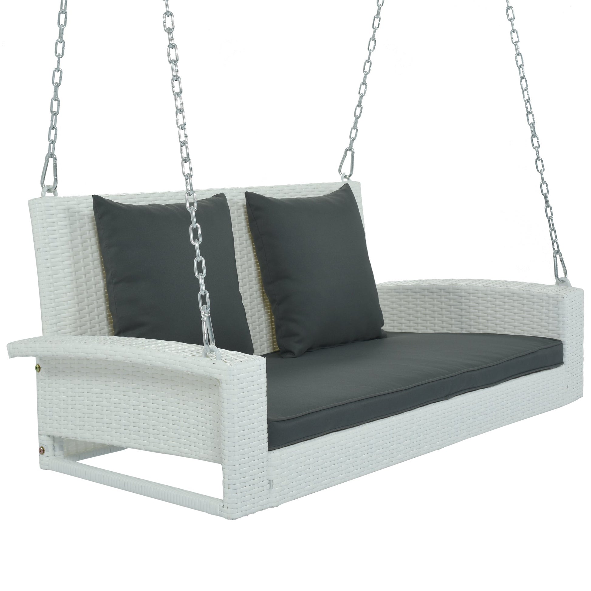 GO Outdoor Furniture GO 2-Person Wicker Hanging Porch Swing with Chains, Cushion, Pillow, Rattan Swing Bench for Garden, Backyard, Pond. (White Wicker, Gray Cushion)