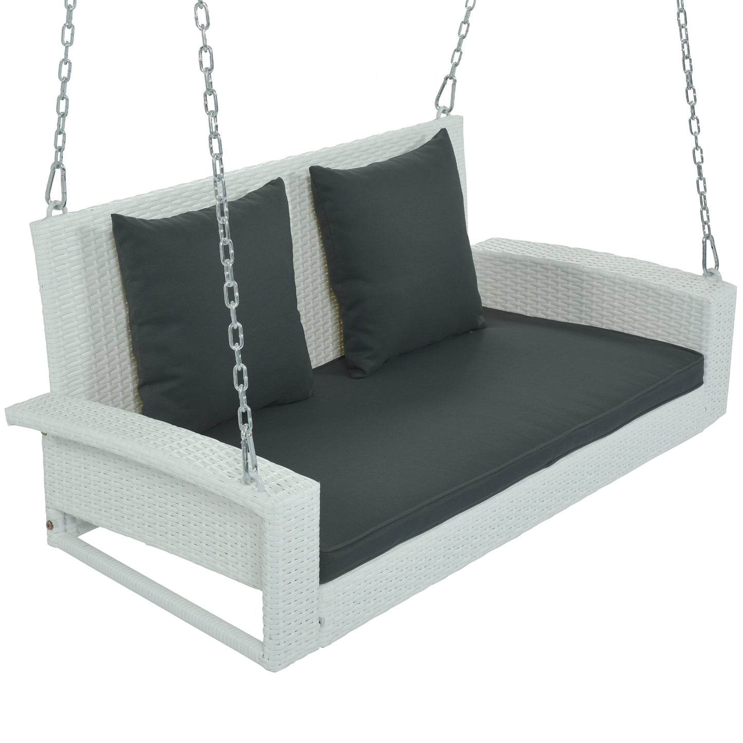 GO Outdoor Furniture GO 2-Person Wicker Hanging Porch Swing with Chains, Cushion, Pillow, Rattan Swing Bench for Garden, Backyard, Pond. (White Wicker, Gray Cushion)