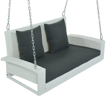 GO Outdoor Furniture GO 2-Person Wicker Hanging Porch Swing with Chains, Cushion, Pillow, Rattan Swing Bench for Garden, Backyard, Pond. (White Wicker, Gray Cushion)