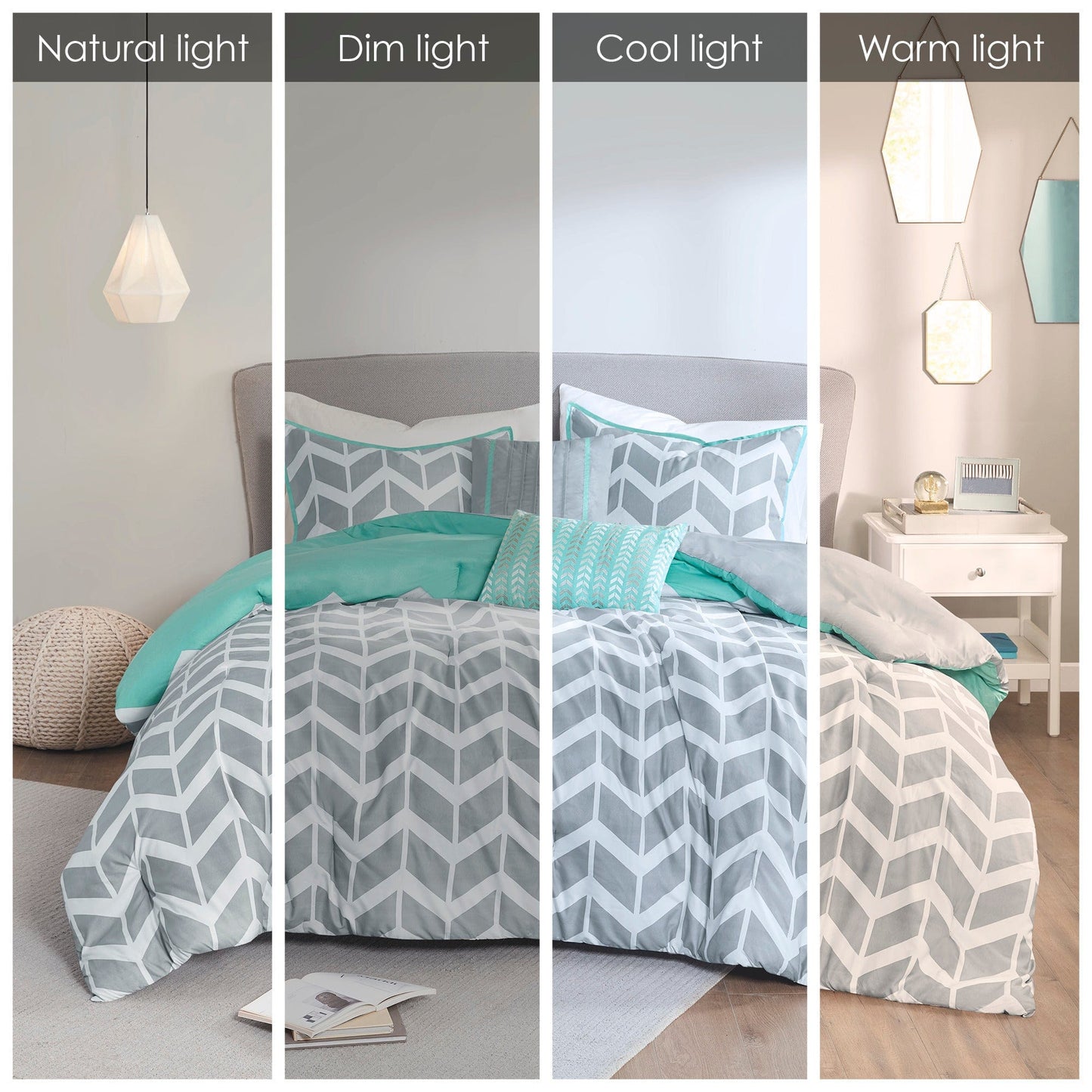 JLA Comforter "Nadia Comforter Set" by Intelligent Design: Full/Queen Aqua Microfiber Comforter with Chevron Print - 90x90