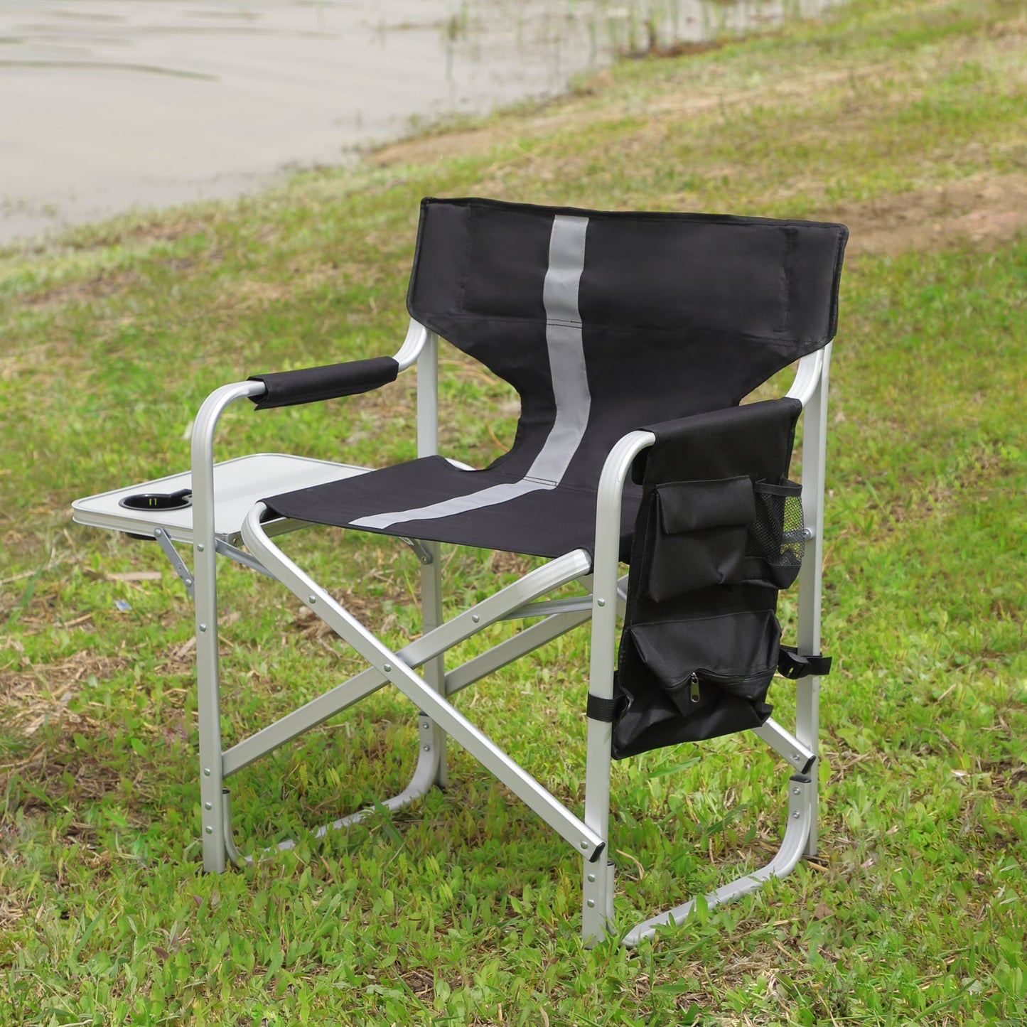 JWS-W241 Camp Chair Portable Lightweight Oversized Director's Chair - Padded and Foldable with Side Table, Storage Pockets - Perfect for Camping, Picnics & Fishing - Black/Gray