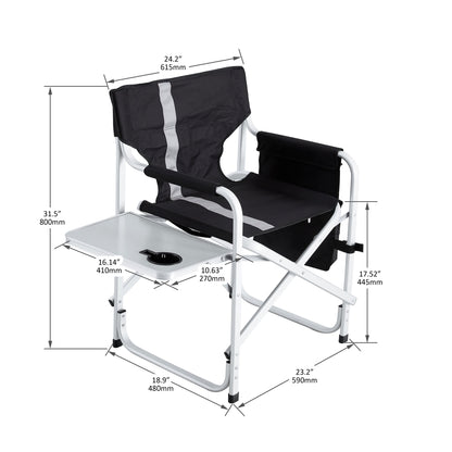 JWS-W241 Camp Chair Portable Lightweight Oversized Director's Chair - Padded and Foldable with Side Table, Storage Pockets - Perfect for Camping, Picnics & Fishing - Black/Gray