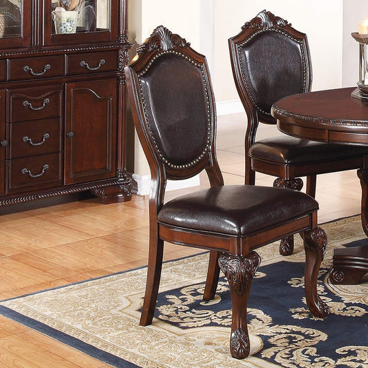 Kanepe Dining Chairs Royal Majestic Set of 2 Formal Side Chairs - Rich Brown Rubberwood with Intricate Design and Faux Leather Upholstery