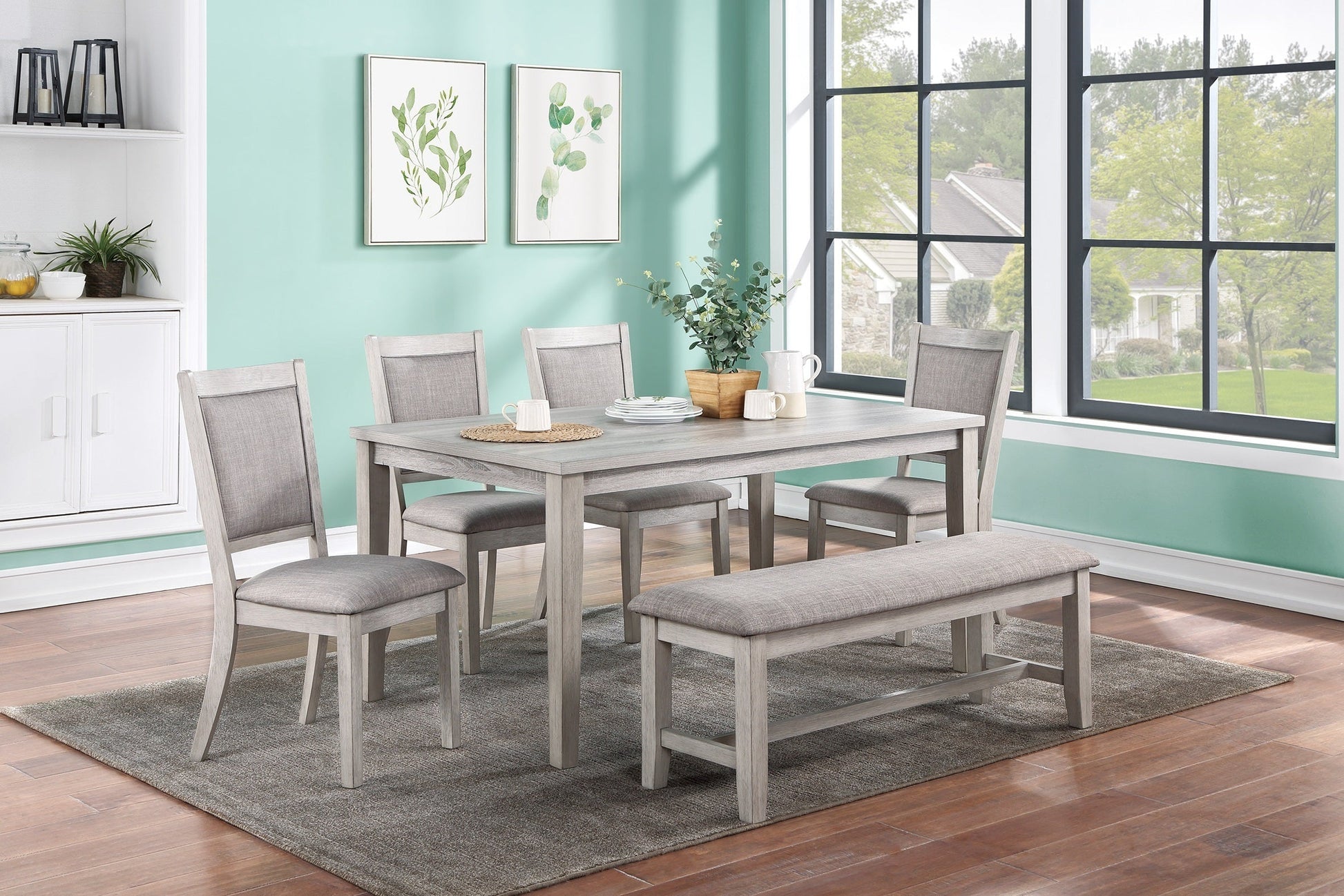 Kanepe Dining room set Elegant Contemporary Dining Room 6-piece Dining Set Table and 4 Side Chairs and Bench Natural Finish Padded Cushion Seats Rectangular Table Furniture