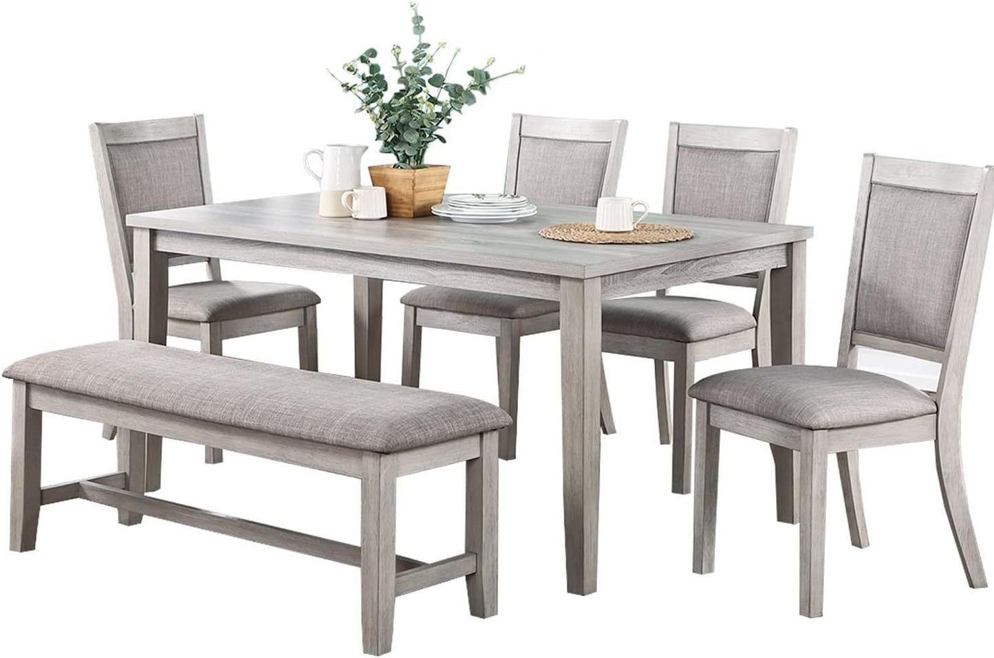 Kanepe Dining room set Elegant Contemporary Dining Room 6-piece Dining Set Table and 4 Side Chairs and Bench Natural Finish Padded Cushion Seats Rectangular Table Furniture