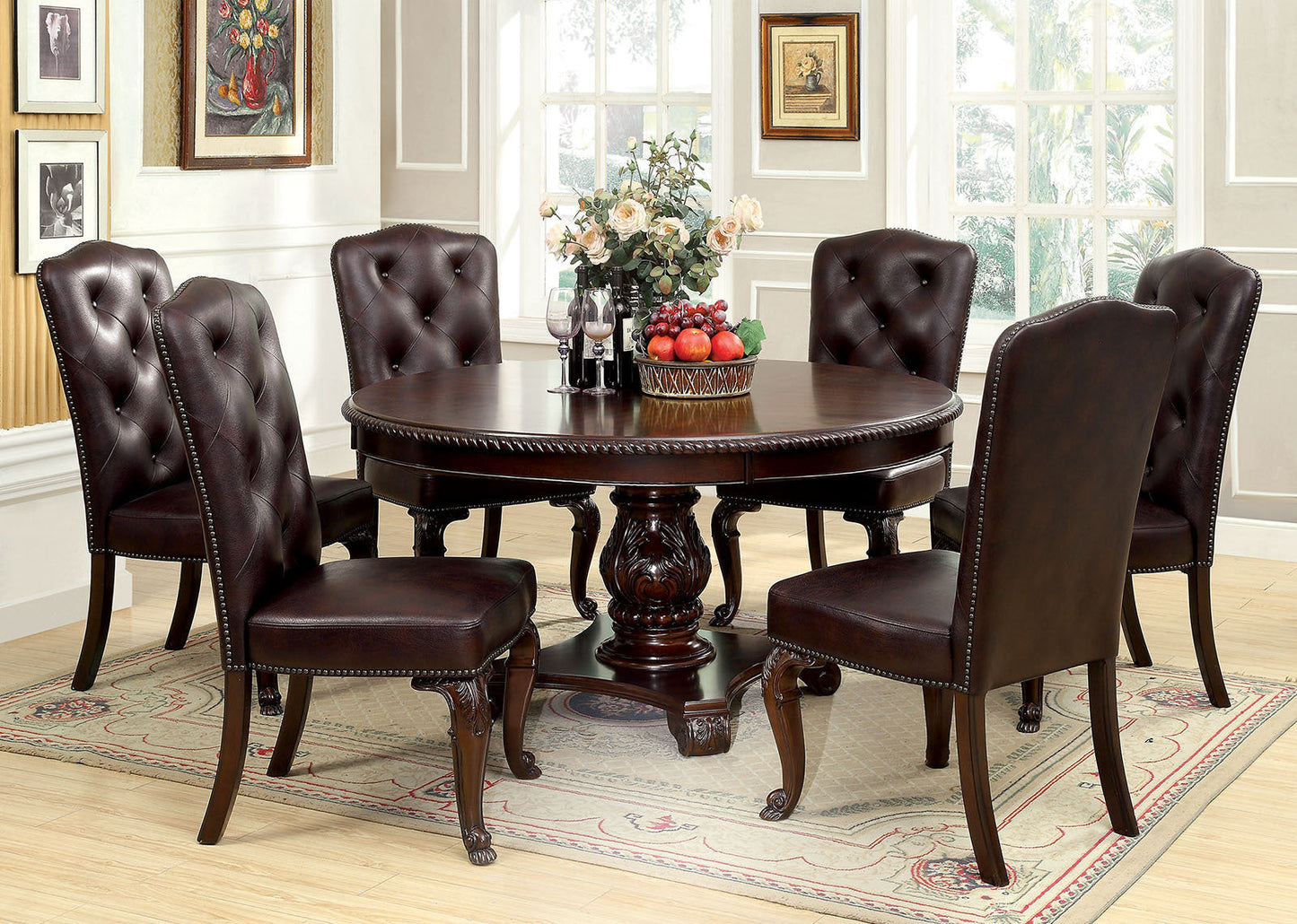 Kanepe Kitchen and Dining Chairs Traditional Formal Set of 2 Side Chairs Brown Cherry Solid wood Chair Padded Leatherette Tufted Upholstered Kitchen Dining Room Furniture (Chairs Only)