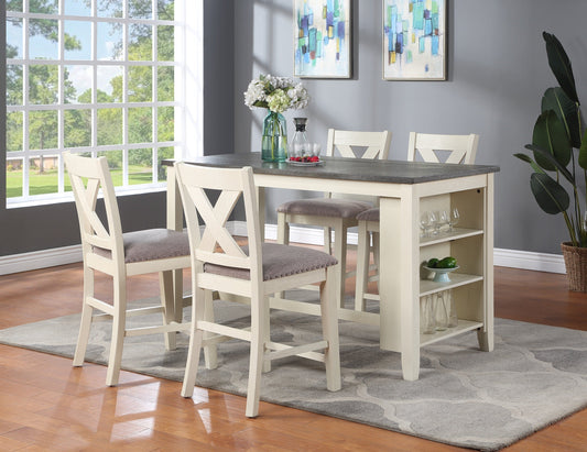 Kanepe Kitchen and Dining Sets Contemporary 5-Piece High Dining Set - Off-White Solid Wood Counter Height Table with Storage Shelves and 4 High Chairs