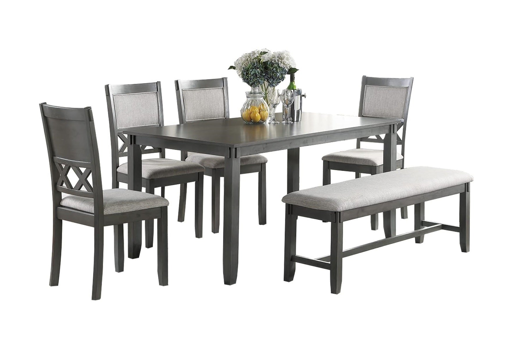 Kanepe Kitchen and Dining Sets Unique 6pc Dining Room Set in Gray - Modern Style with Table, 4 Side Chairs and Bench Solid wood Rubberwood and veneers