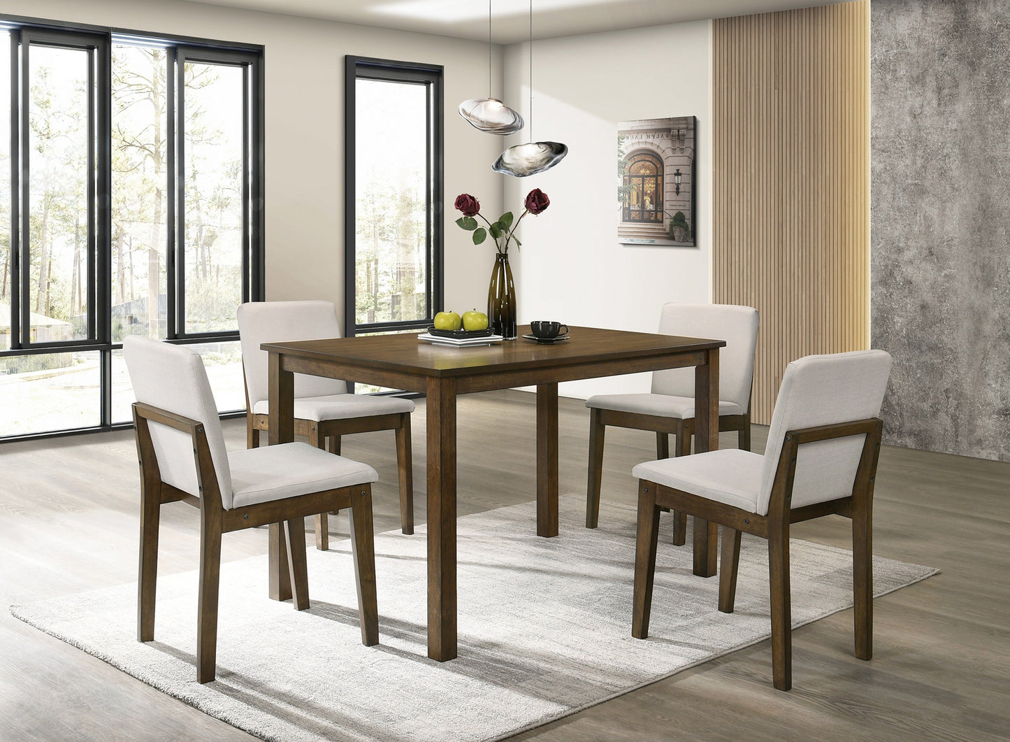 Kanepe Table and Chairs 5-Piece Dining Set in Dark Walnut - Classic Rubberwood Dining Table with 4 Beige Fabric Seat Chairs for Kitchen and Dining Room