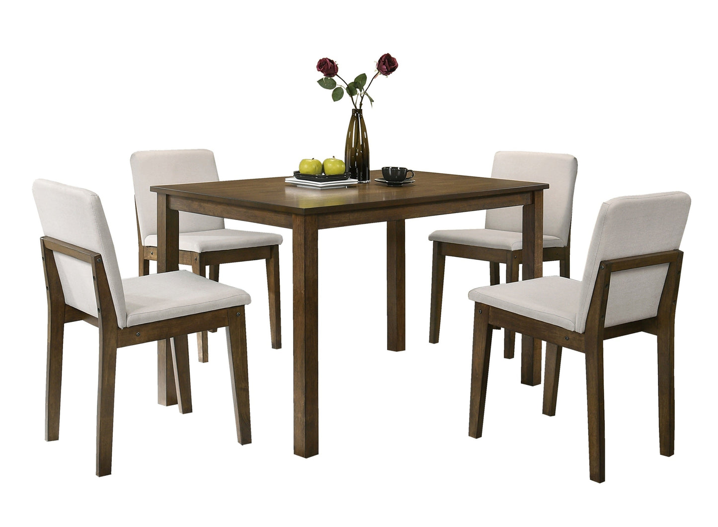 Kanepe Table and Chairs 5-Piece Dining Set in Dark Walnut - Classic Rubberwood Dining Table with 4 Beige Fabric Seat Chairs for Kitchen and Dining Room