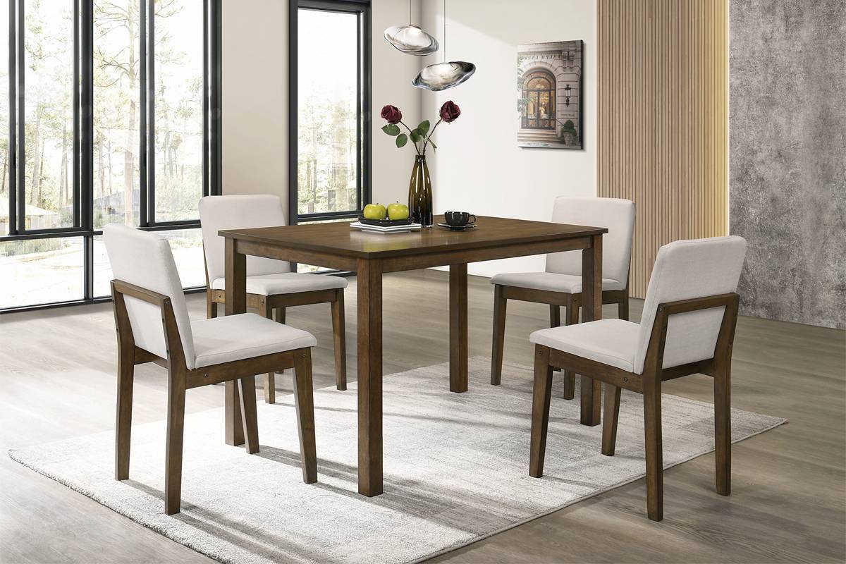 Kanepe Table and Chairs 5-Piece Dining Set in Dark Walnut - Classic Rubberwood Dining Table with 4 Beige Fabric Seat Chairs for Kitchen and Dining Room