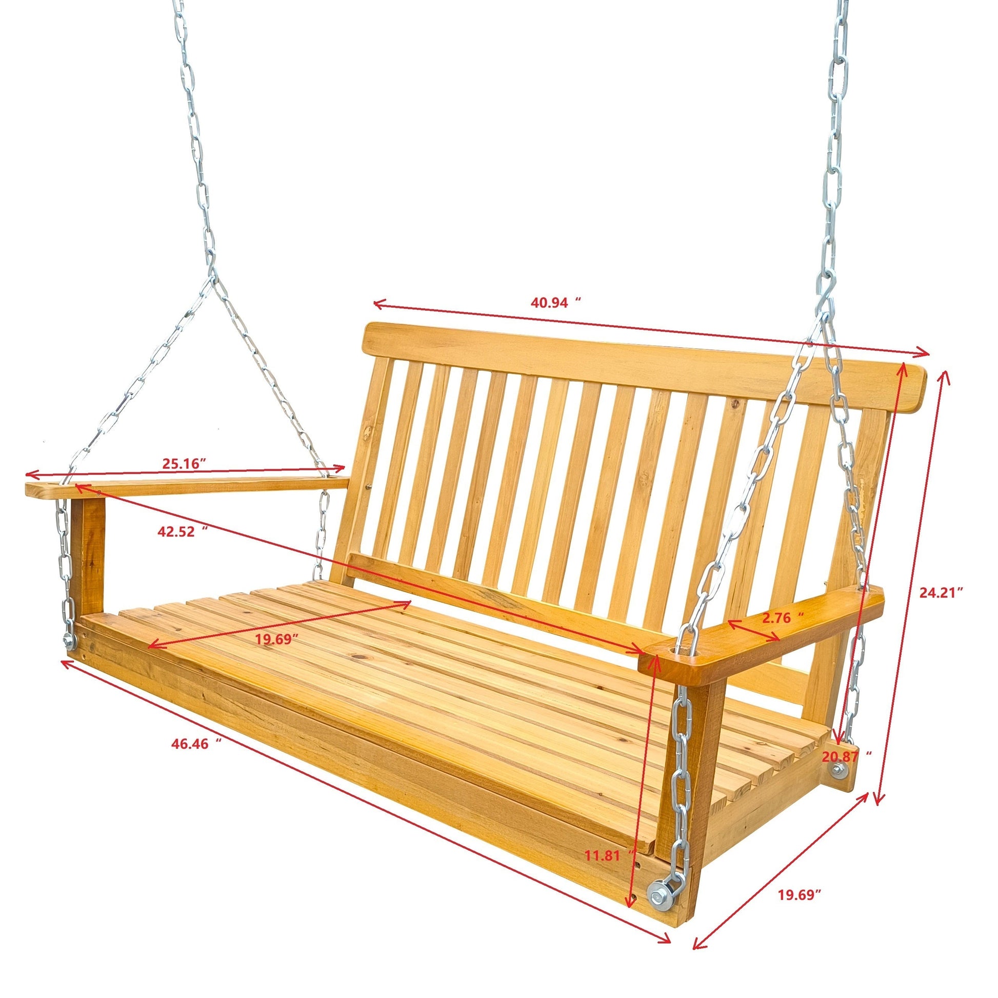 LEISURE HOME by JK Outdoor Furniture Teak Front Porch Swing with Armrests - Wood Bench Swing for Outdoor Patio, Garden Yard, Porch, Backyard, or Sunroom Easy to Assemble