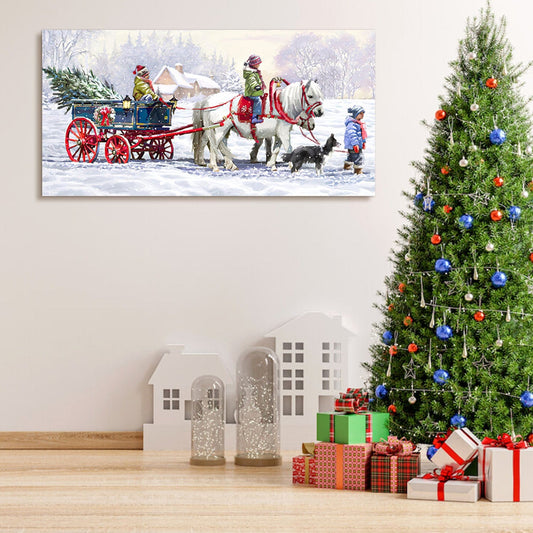 Looife Art Christmas Wall Art Christmas Horse-Drawn Wagon Ride: 32x16 Framed Canvas Wall Art