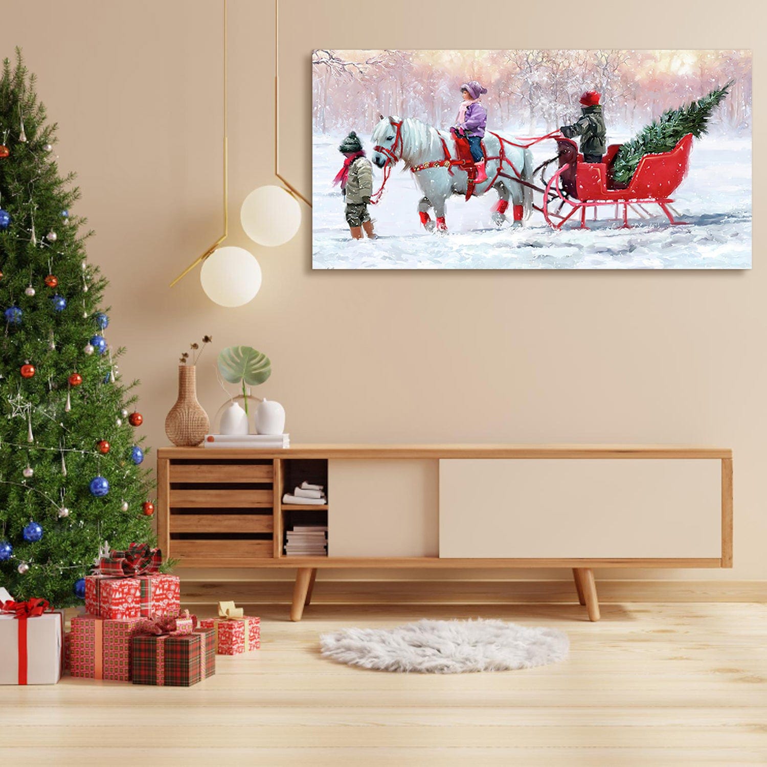 Looife Art Christmas Wall Art Festive 32x16 Framed Canvas: Christmas Sleigh Ride