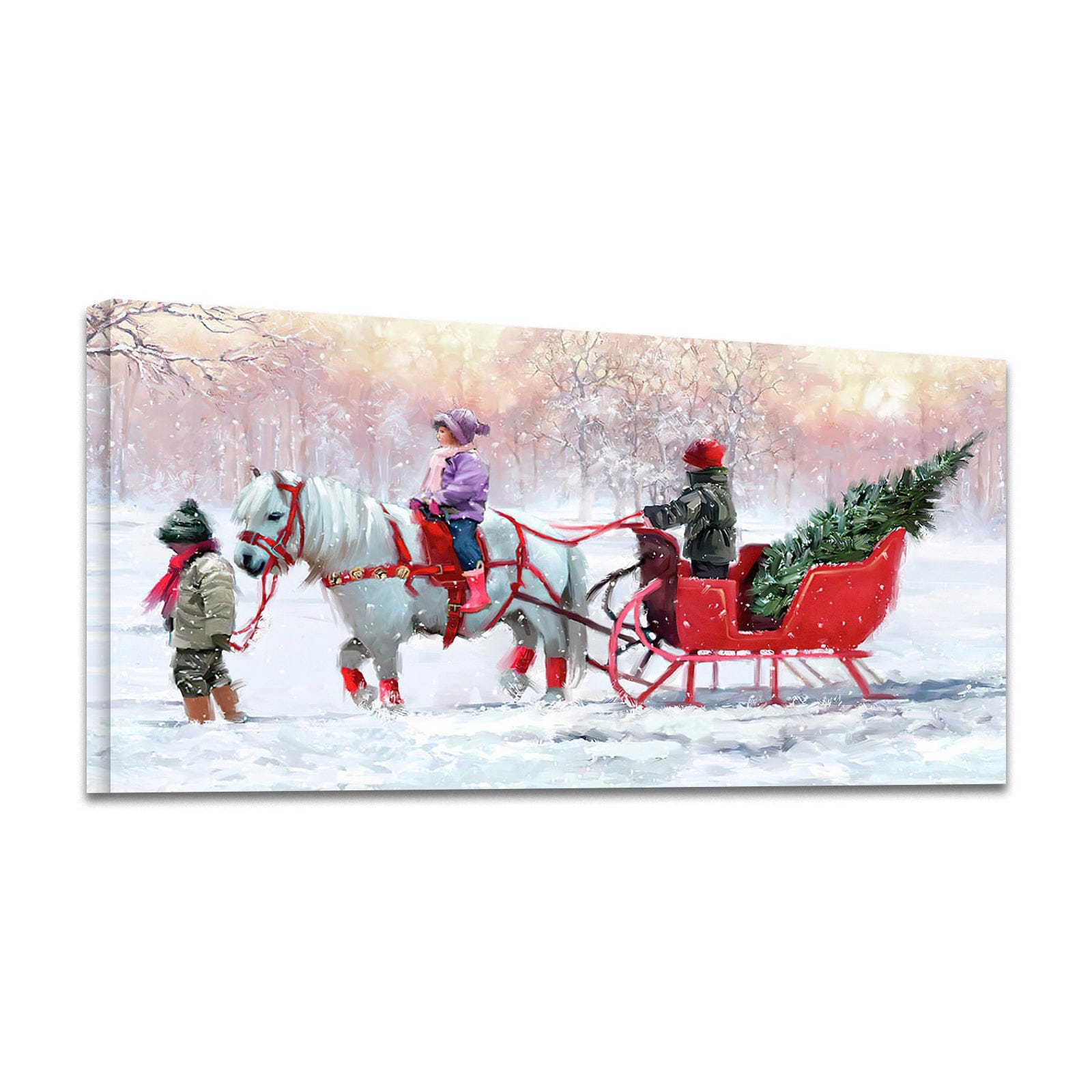 Looife Art Christmas Wall Art Festive 48x24 Framed Canvas: Christmas Sleigh Ride