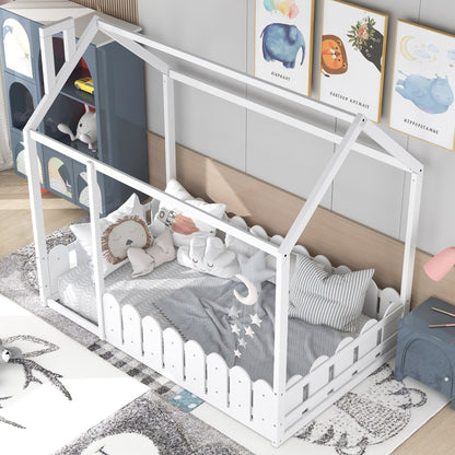 Lucky Furniture Child's Bed (Slats are not included) Twin Size Wood Bed House Bed Frame with Fence, for Kids, Teens, Girls, Boys (White)