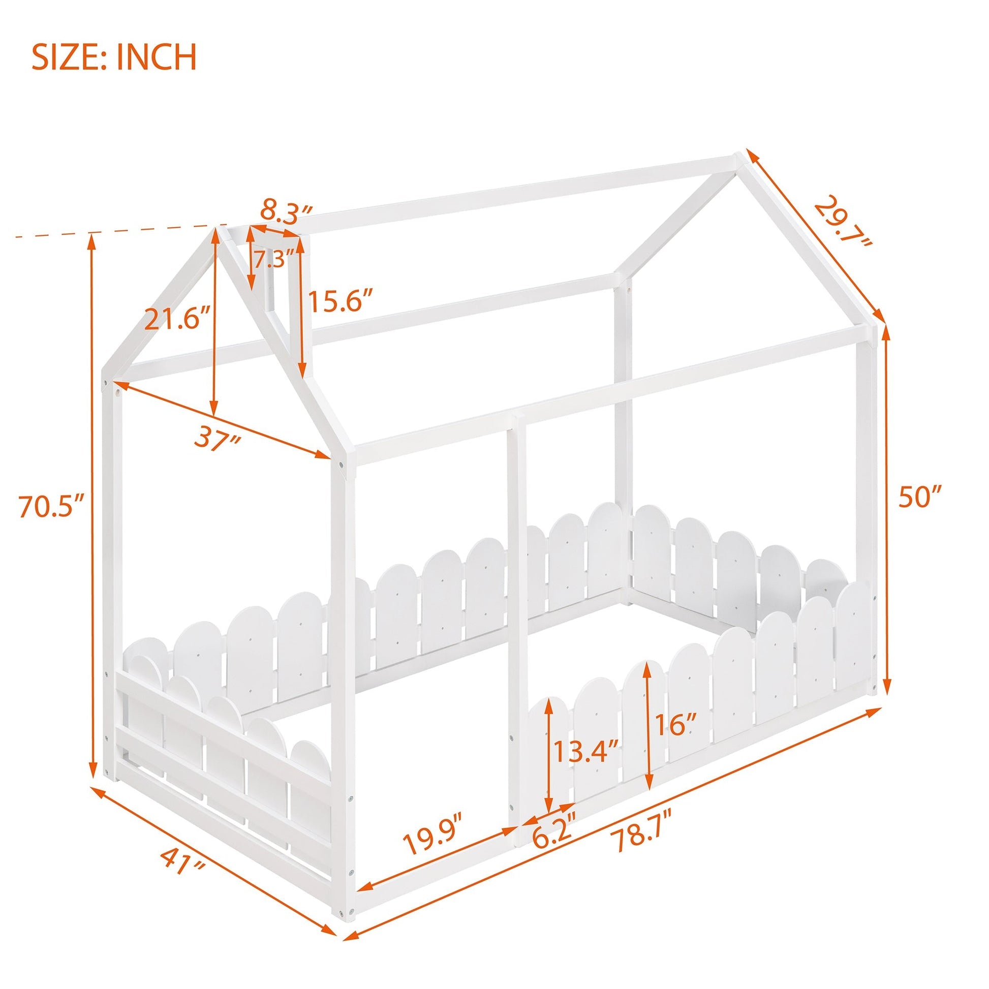 Lucky Furniture Child's Bed (Slats are not included) Twin Size Wood Bed House Bed Frame with Fence, for Kids, Teens, Girls, Boys (White)