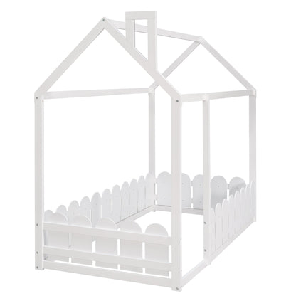 Lucky Furniture Child's Bed (Slats are not included) Twin Size Wood Bed House Bed Frame with Fence, for Kids, Teens, Girls, Boys (White)