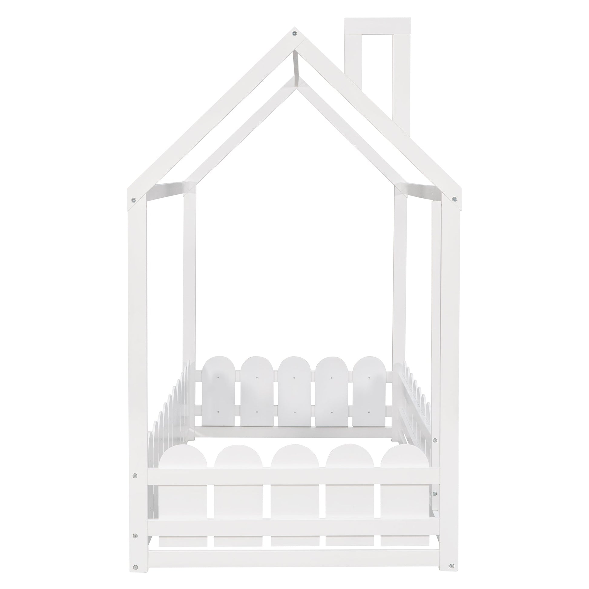 Lucky Furniture Child's Bed (Slats are not included) Twin Size Wood Bed House Bed Frame with Fence, for Kids, Teens, Girls, Boys (White)