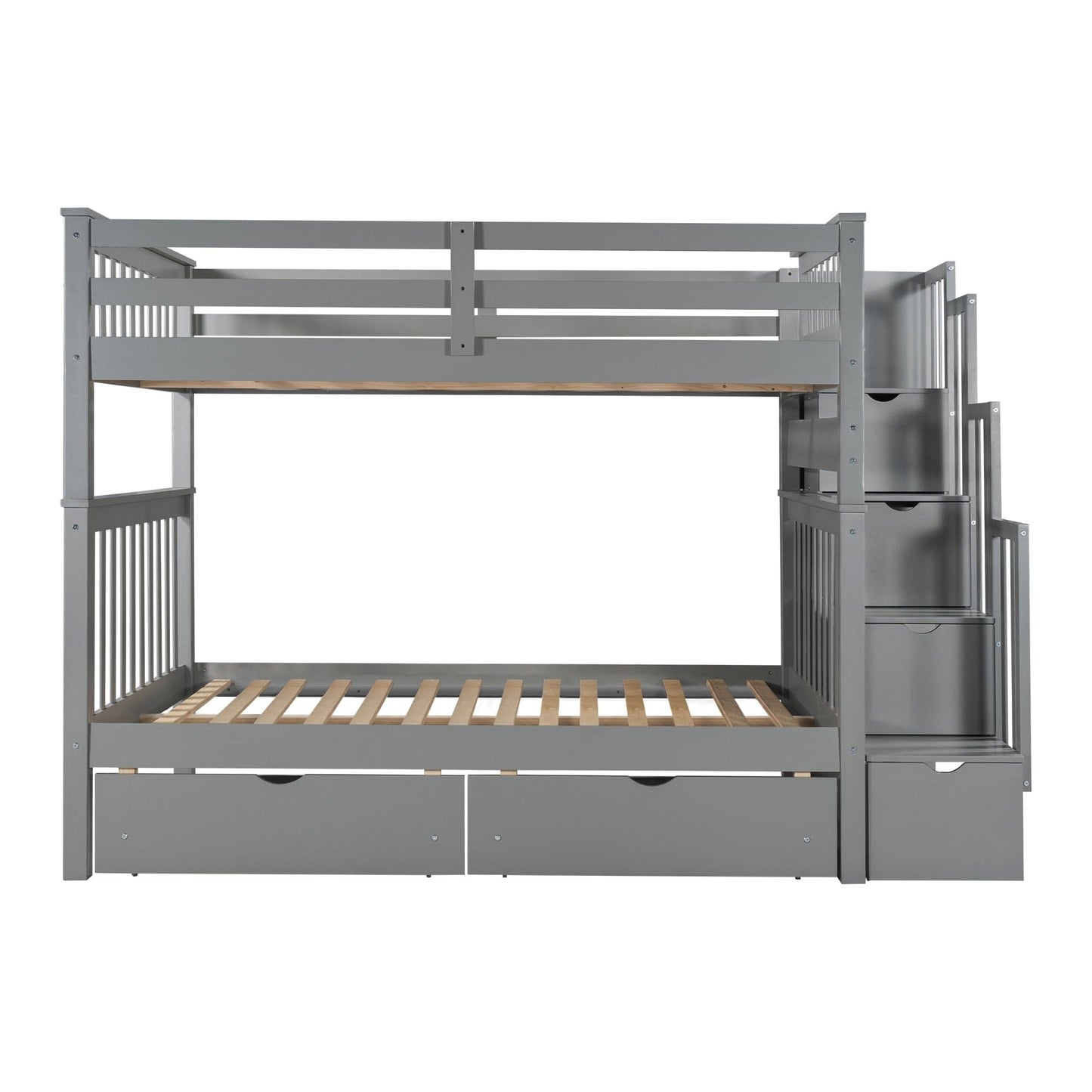 Lucky Furniture Full Bed Frame Full Over Full Gray Bunk Bed with Shelves, 6 Storage Drawers, and Solid Wood Frame