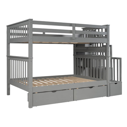 Lucky Furniture Full Bed Frame Full Over Full Gray Bunk Bed with Shelves, 6 Storage Drawers, and Solid Wood Frame