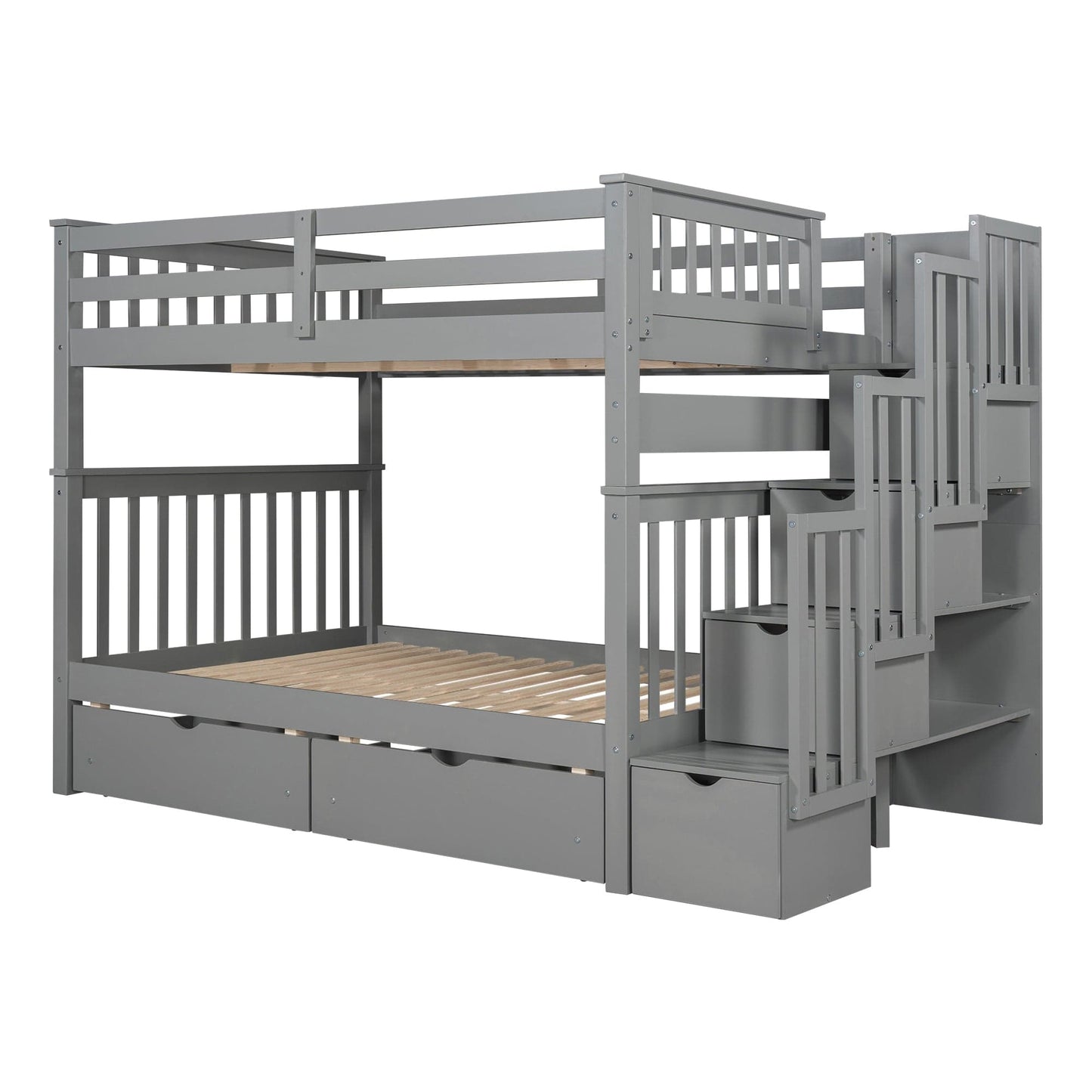 Lucky Furniture Full Bed Frame Full Over Full Gray Bunk Bed with Shelves, 6 Storage Drawers, and Solid Wood Frame