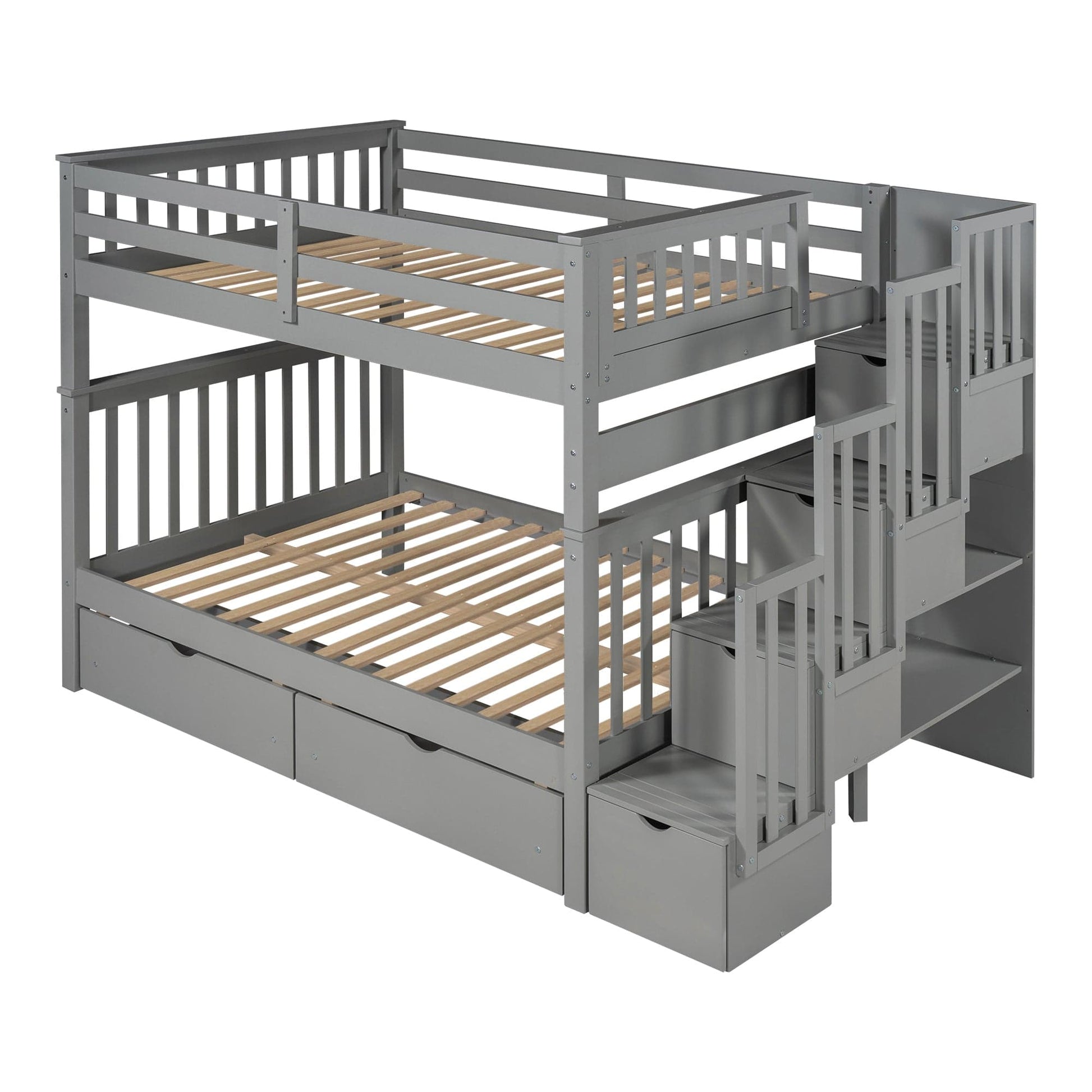 Lucky Furniture Full Bed Frame Full Over Full Gray Bunk Bed with Shelves, 6 Storage Drawers, and Solid Wood Frame