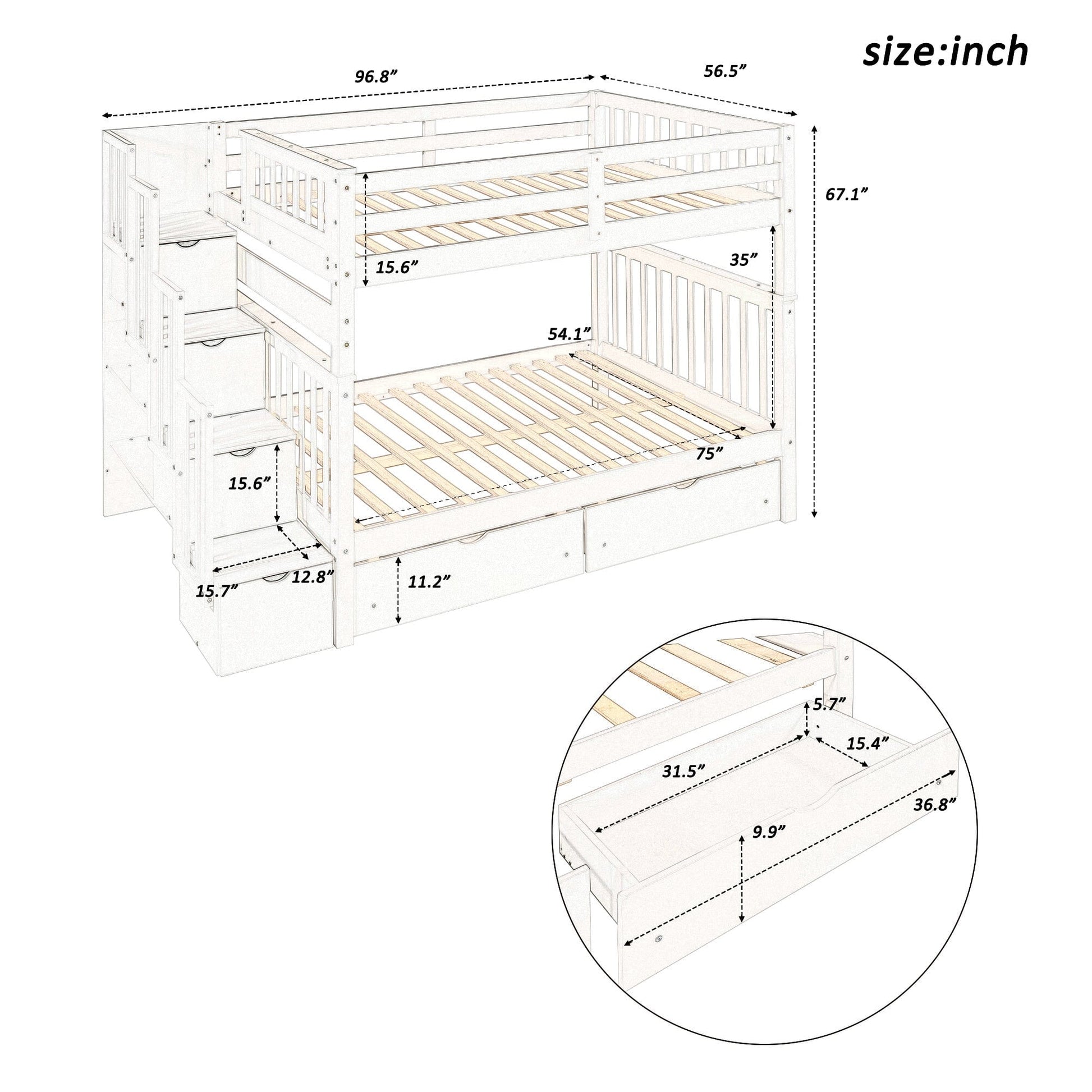 Lucky Furniture Full Bed Frame Full Over Full Gray Bunk Bed with Shelves, 6 Storage Drawers, and Solid Wood Frame